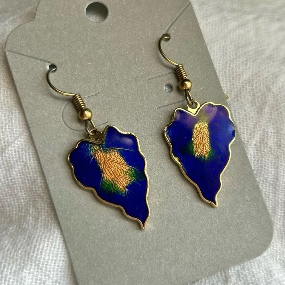 Vintage Gold Enamel Leaf Dangle Earrings Blue and Gold